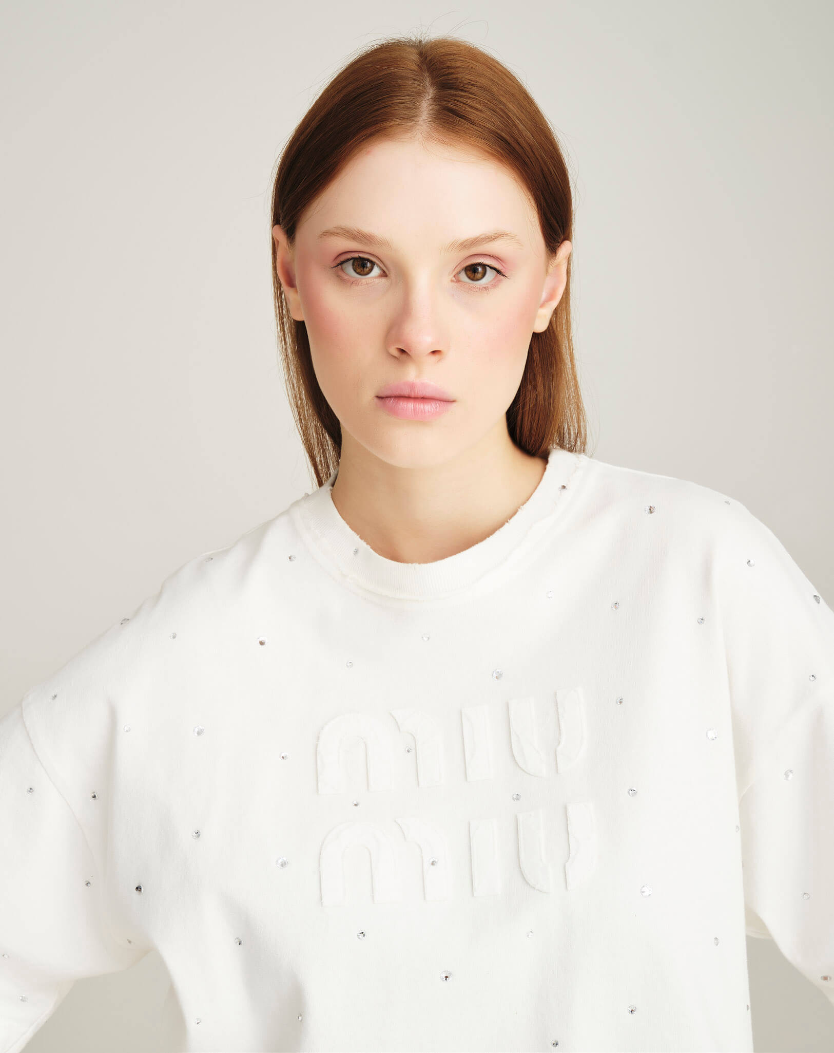 Miu Miu - Crystal Embellished Distressed Logo Cropped Tshirt S